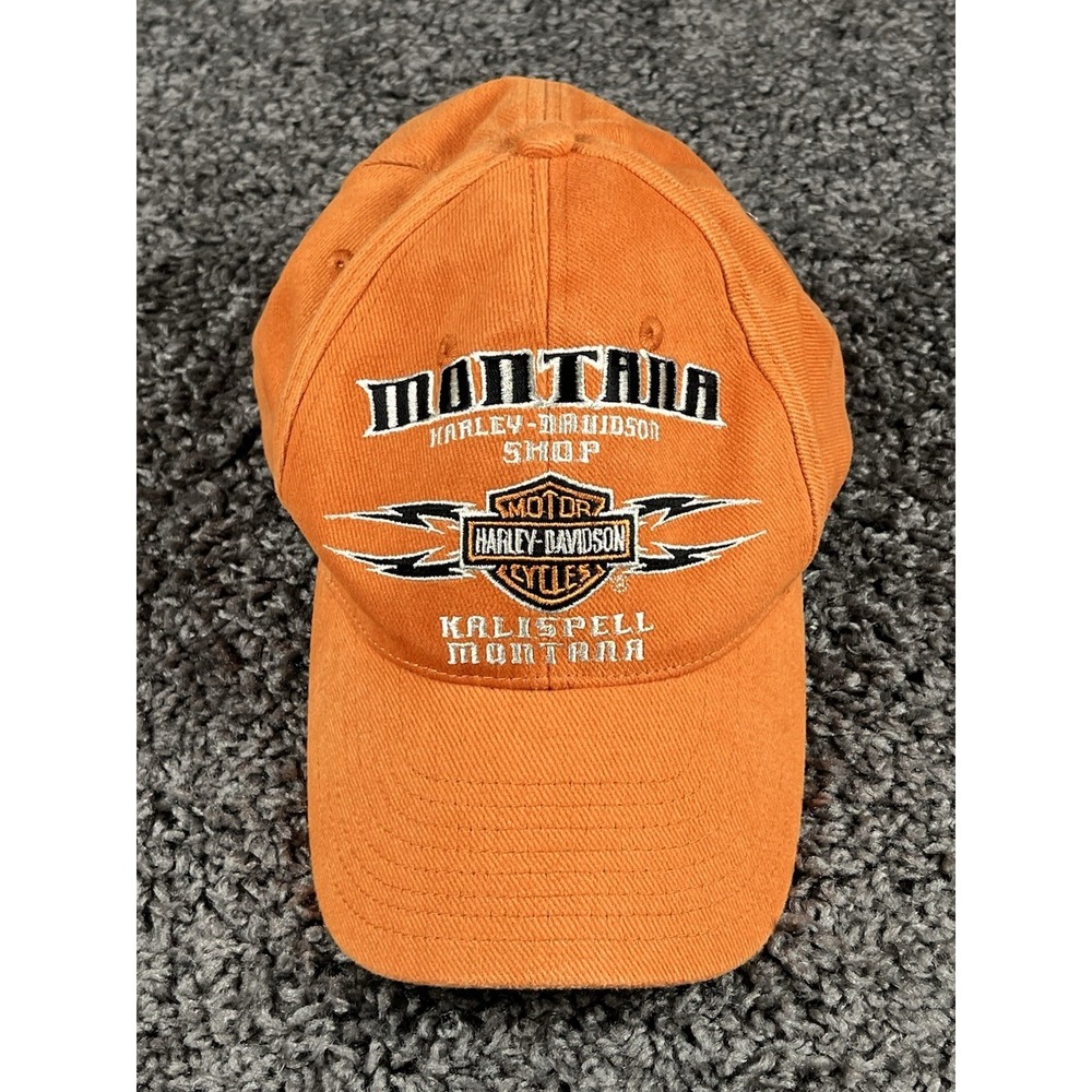 Harley Davidson Kalispell Montana Orange Baseball Cap Hat One Size 100% Cotton
